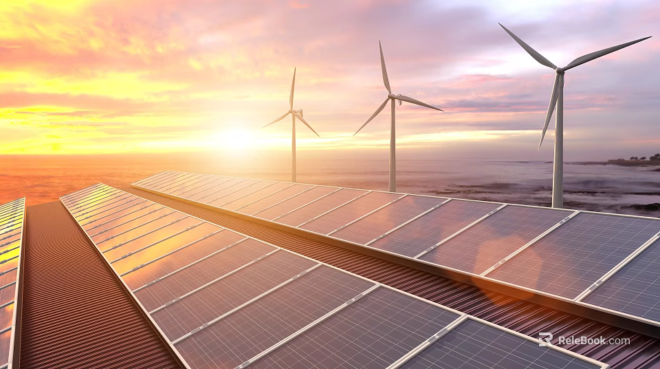 Solar Panels And Wind Turbines Providing Energy For Household Appliances At Sunset 3d model 