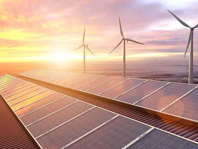 Solar Panels And Wind Turbines Providing Energy For Household Appliances At Sunset 3d model