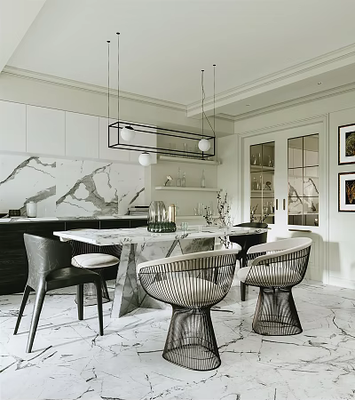 Elegant Modern Restaurant Interior Design With Marble Tabletop Pendant Lights And Chairs 3d model