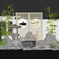 Traditional Chinese Courtyard Garden With Bamboo Rocks Lantern Round Windows And White Walls
