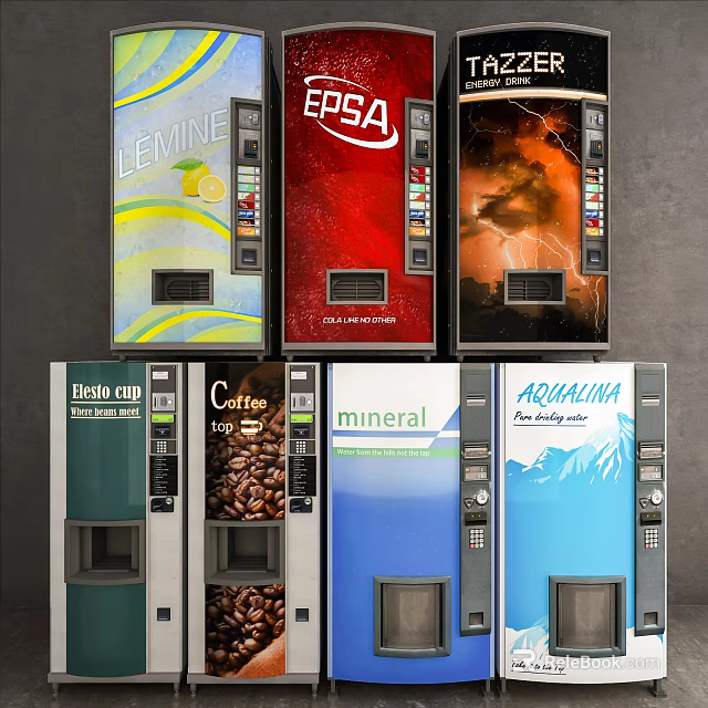 Commercial Vending Equipment Featuring Various Beverage Coffee And Mineral Water Machines 3d model 