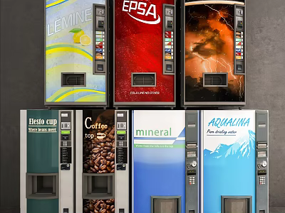 Commercial Vending Equipment Featuring Various Beverage Coffee And Mineral Water Machines 3d model