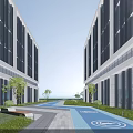 Modern Industrial Factory Buildings With Large Glass Windows And Greenery Surrounding Pathway