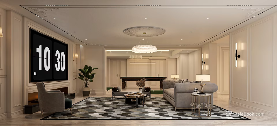 Modern Light Luxury Living And Dining Room Interior With Comfortable Sofas Exquisite Lighting And Rugs 3d model 