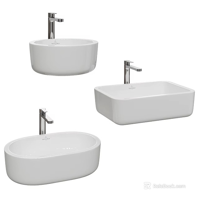 Modern Bathroom Ceramic Washbasins With Faucets In Round And Rectangular Shapes 3d model 