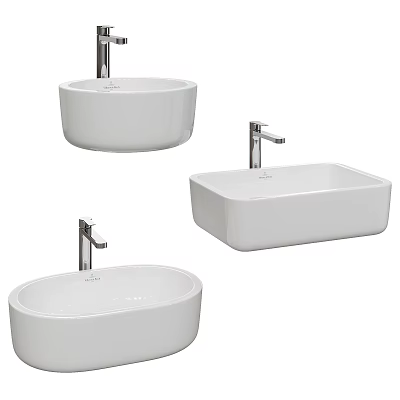 Modern Bathroom Ceramic Washbasins With Faucets In Round And Rectangular Shapes 3d model