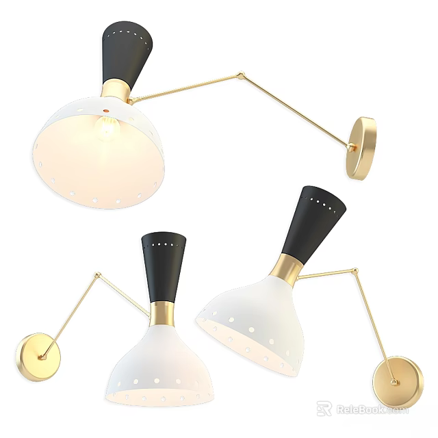Modern Wall Lamps With White Shades Black Finials And Gold Adjustable Arms 3d model 