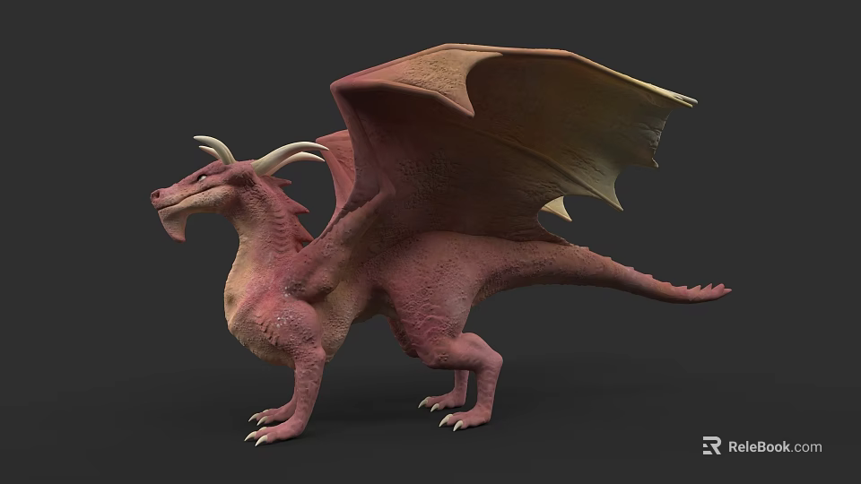Mythical Reptile Dragon 3D Model With Spread Pink Yellow Wings And Horns 3d model 