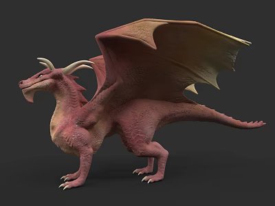 Mythical Reptile Dragon 3D Model With Spread Pink Yellow Wings And Horns 3d model