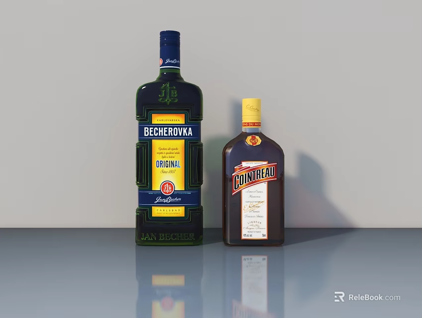 Becherovka and Grand Marnier Liquor Bottles on Grey Reflective Table Surface 3d model 