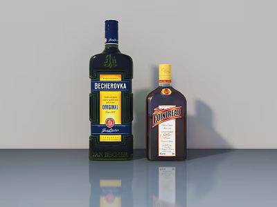 Becherovka and Grand Marnier Liquor Bottles on Grey Reflective Table Surface 3d model