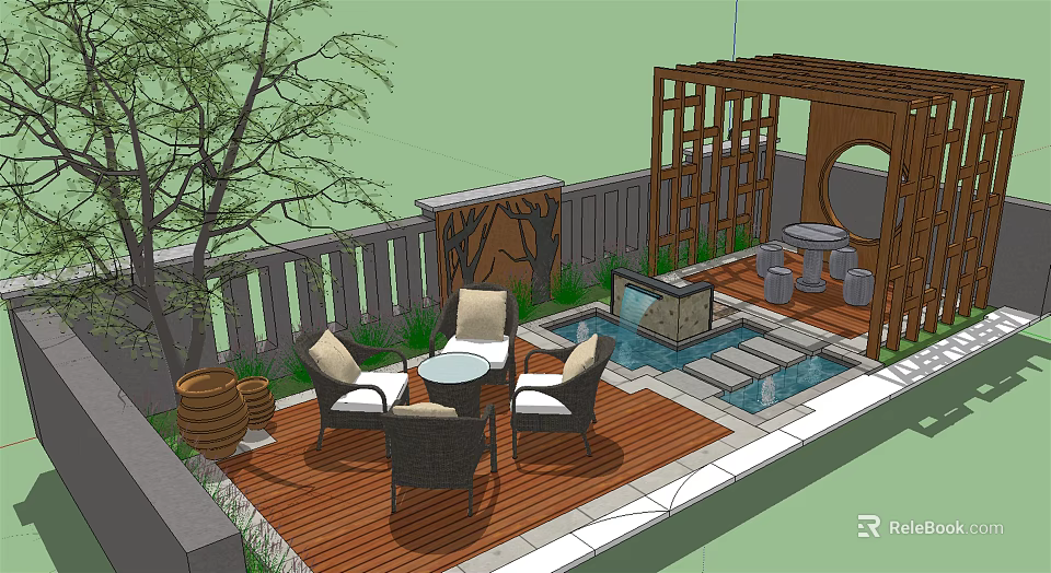 Beautiful Courtyard Garden With Wooden Deck Outdoor Furniture Water Feature Pergola And Lush Green Plants 3d model 