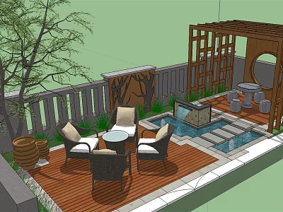 Beautiful Courtyard Garden With Wooden Deck Outdoor Furniture Water Feature Pergola And Lush Green Plants 3d model