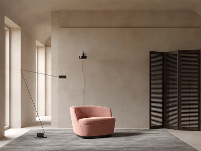 Pink Single Sofa On Gray Rug With Floor Lamp Louvered Doors Beige Wall Natural Light 3d model