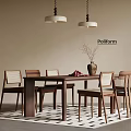 Modern Dining Table Set with Wooden Chairs Woven Backrest Vase and Decorative Fruits Hanging Pendant Lights