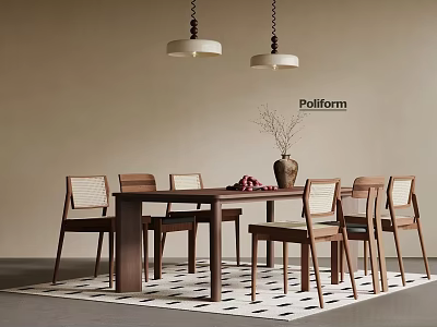Modern Dining Table Set with Wooden Chairs Woven Backrest Vase and Decorative Fruits Hanging Pendant Lights 3d model