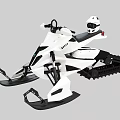 White And Black Modern Snowmobile With Black Tracks White Helmet On Seat
