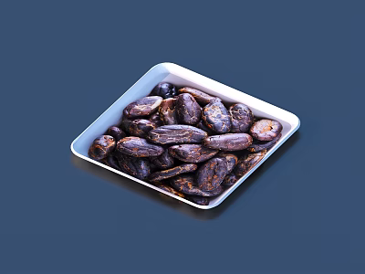 White Square Tray Filled With Dark Cocoa Beans On Blue Background 3d model