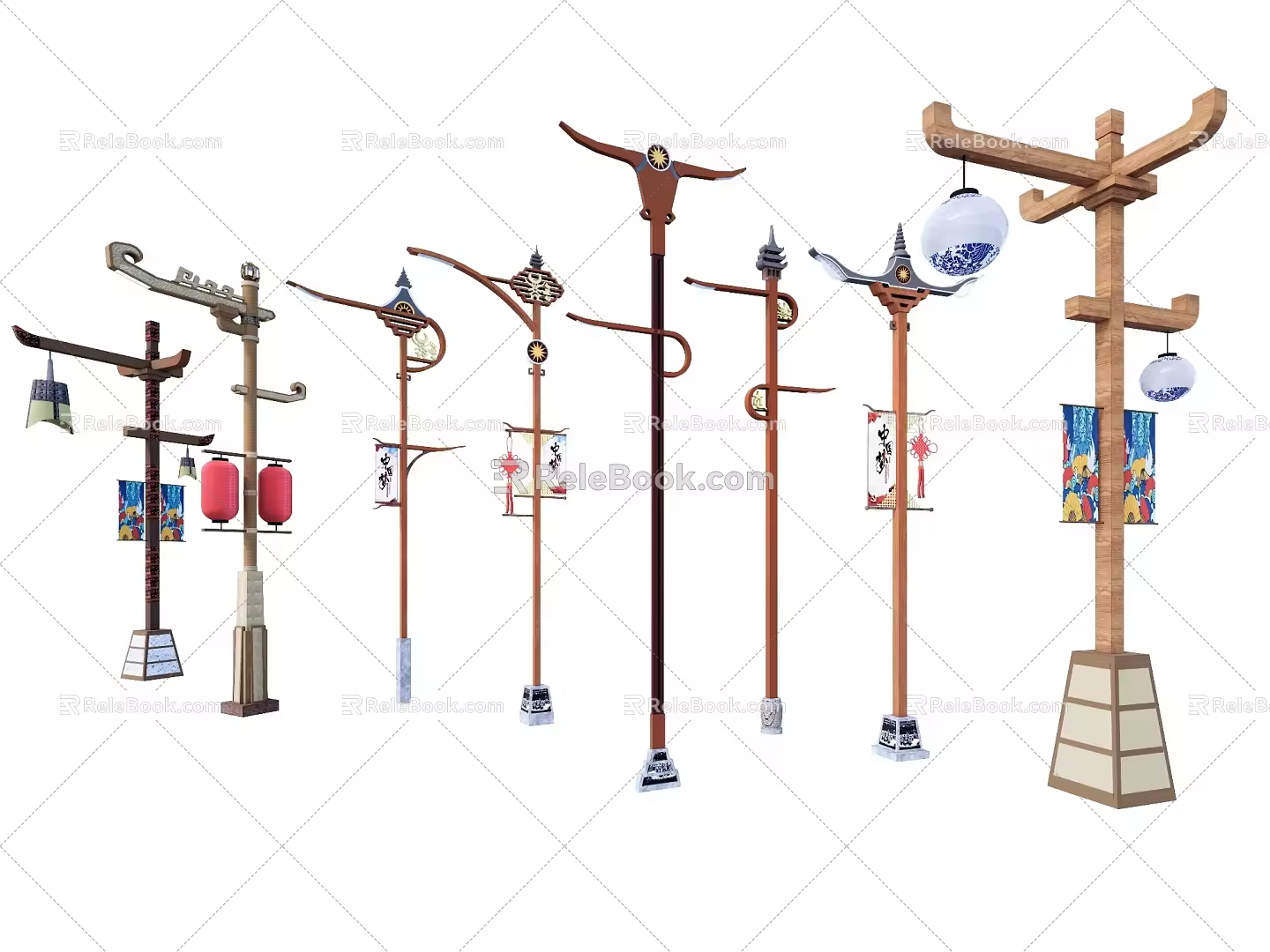 Han and Tang style street lamp lantern chime pattern elements 3d model