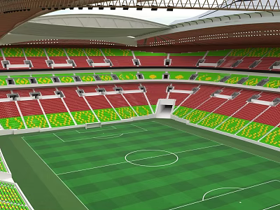 Large Modern Sports Stadium Featuring Green Grass Field And Red Green Seats 3d model