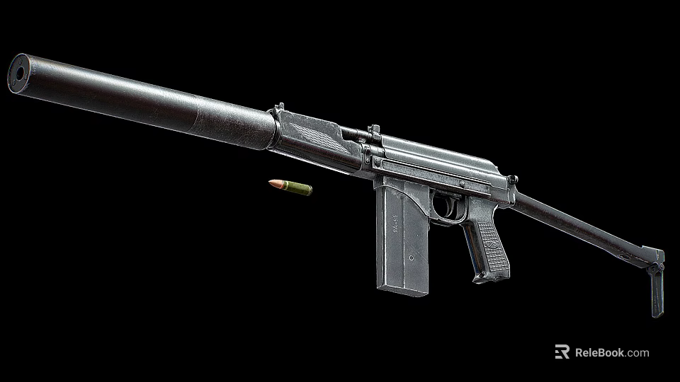 Modern Military Rifle With Metallic Surface And A Single Bullet Placed Next To It 3d model