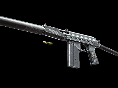 Modern Military Rifle With Metallic Surface And A Single Bullet Placed Next To It 3d model