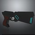 Futuristic Sci Fi Handgun with Dark Angular Design Red Grip and Blue Glowing Accents 3d model