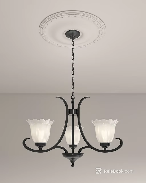 Classic Black Metal Chandelier With Three White Petal Shades Hanging From Chain 3d model 