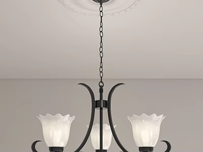 Classic Black Metal Chandelier With Three White Petal Shades Hanging From Chain 3d model