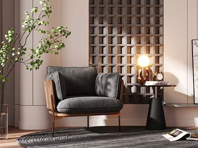 Gray Single Sofa with Wooden Armrests and Side Table Lamp Green Plant Lattice Wall Rug 3d model