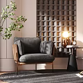 Gray Single Sofa with Wooden Armrests and Side Table Lamp Green Plant Lattice Wall Rug