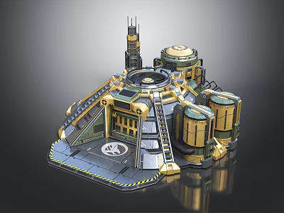 Cartoon Futuristic Building Scene With Dome Tower And Gold Green Platform Structure 3d model