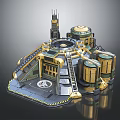 Cartoon Futuristic Building Scene With Dome Tower And Gold Green Platform Structure