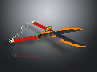 Double Bladed Weapons With Chain Red Handle Orange Blade And Green Decoration 3d model