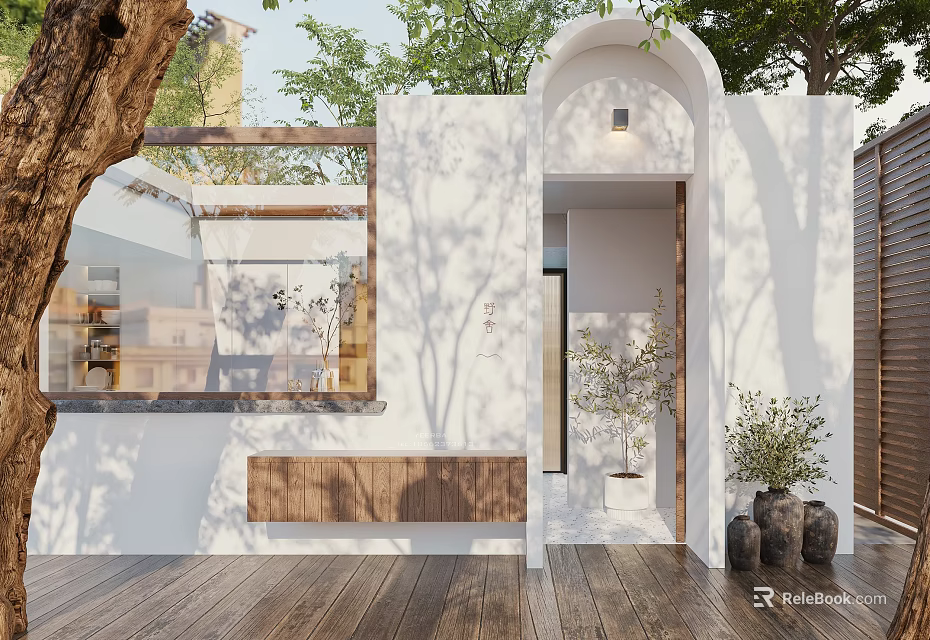 Modern Storefront Facade with White Walls Wooden Deck Glass Window Entrance and Potted Plants 3d model 