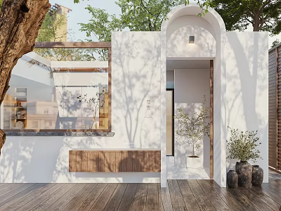 Modern Storefront Facade with White Walls Wooden Deck Glass Window Entrance and Potted Plants 3d model
