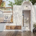 Modern Storefront Facade with White Walls Wooden Deck Glass Window Entrance and Potted Plants