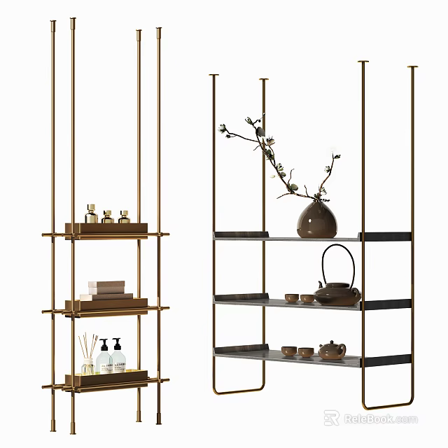 Modern Metal Storage Shelving Unit With Vase Branches Teaware Scented Bottles And Books 3d model 