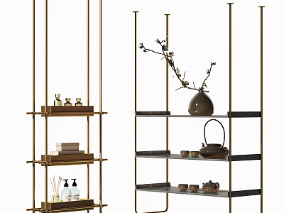 Modern Metal Storage Shelving Unit With Vase Branches Teaware Scented Bottles And Books 3d model