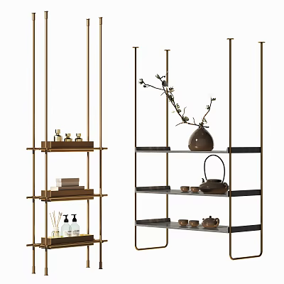 Modern Metal Storage Shelving Unit With Vase Branches Teaware Scented Bottles And Books 3d model