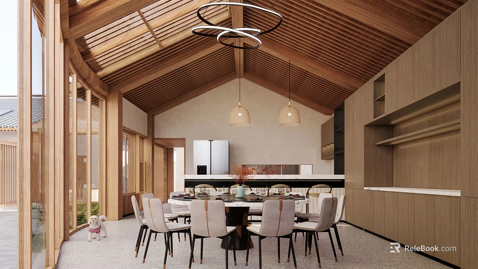 Modern Restaurant Interior Design With Wooden Ceiling Pendant Lights And Dining Table Chairs 3d model 