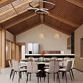 Modern Restaurant Interior Design With Wooden Ceiling Pendant Lights And Dining Table Chairs