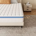 Comfortable Beige Mattress With Blue Edge And Padded Headboard Pillows Nightstand Plant And Window Curtains