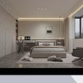 Modern Bedroom Interior With Bed Wardrobe Artwork And City View Window