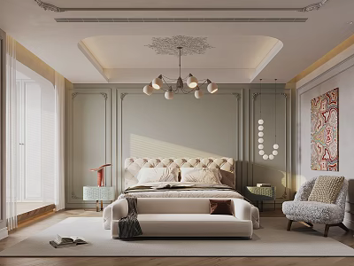 Elegant Modern Bedroom Interior Design With Comfortable Bed Pillows Nightstand And Decorative Wall Art 3d model