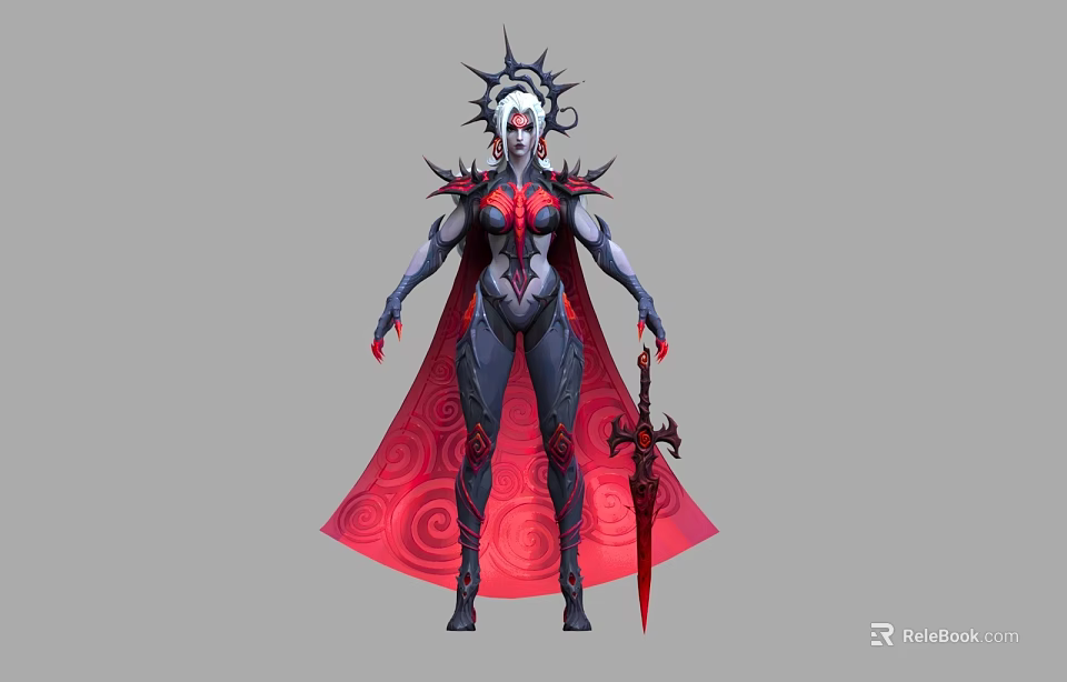 Woman With Spiked Headdress White Hair In Red Black Outfit Holding Red Longsword Spiral Cape 3d model 