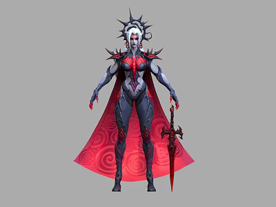 Woman With Spiked Headdress White Hair In Red Black Outfit Holding Red Longsword Spiral Cape 3d model