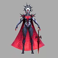 Woman With Spiked Headdress White Hair In Red Black Outfit Holding Red Longsword Spiral Cape