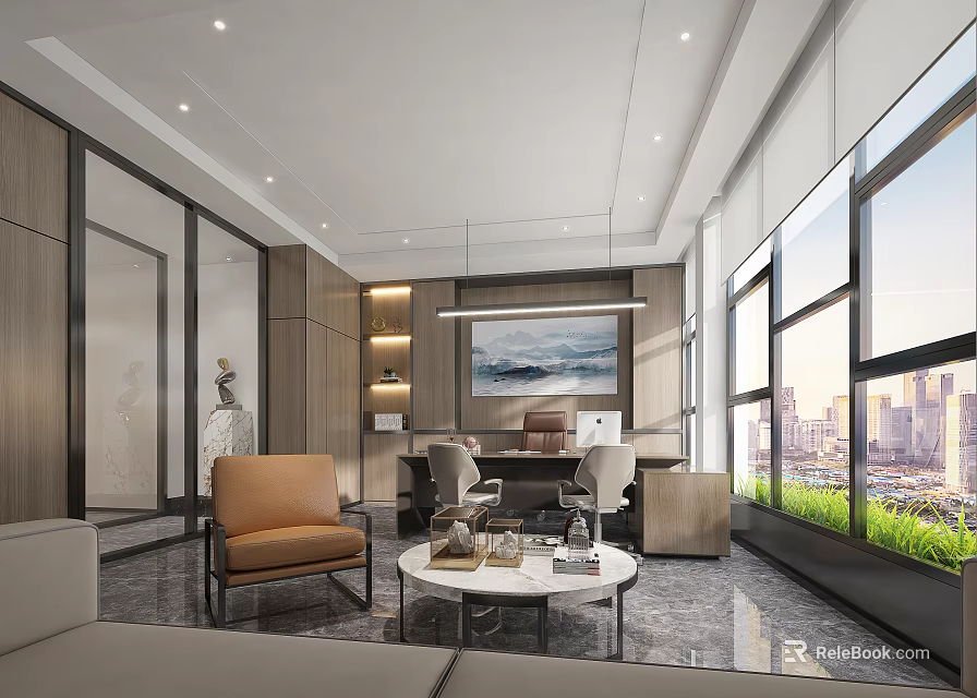 Modern Open Office Interior Design With Large Windows City View And Sofa Coffee Table 3d model