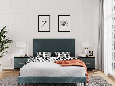 Modern Double Bed with Dark Green Velvet Headboard Checkered Pillows Orange Throw Blanket Nightstands and Lamps 3d model